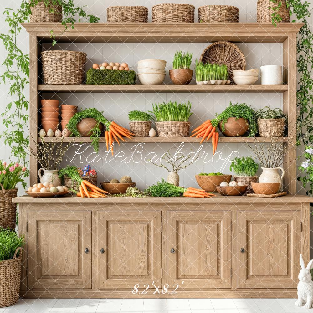 Kate Easter Bunny Shelf Carrots Eggs Plants Cabinet Printed Backdrop Designed by Patty Roberts