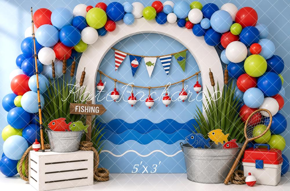 Kate Cake Smash Fishing Arch Balloons Fish Waves Printed Backdrop Printed Backdrop Designed by Shutter Swan Studios