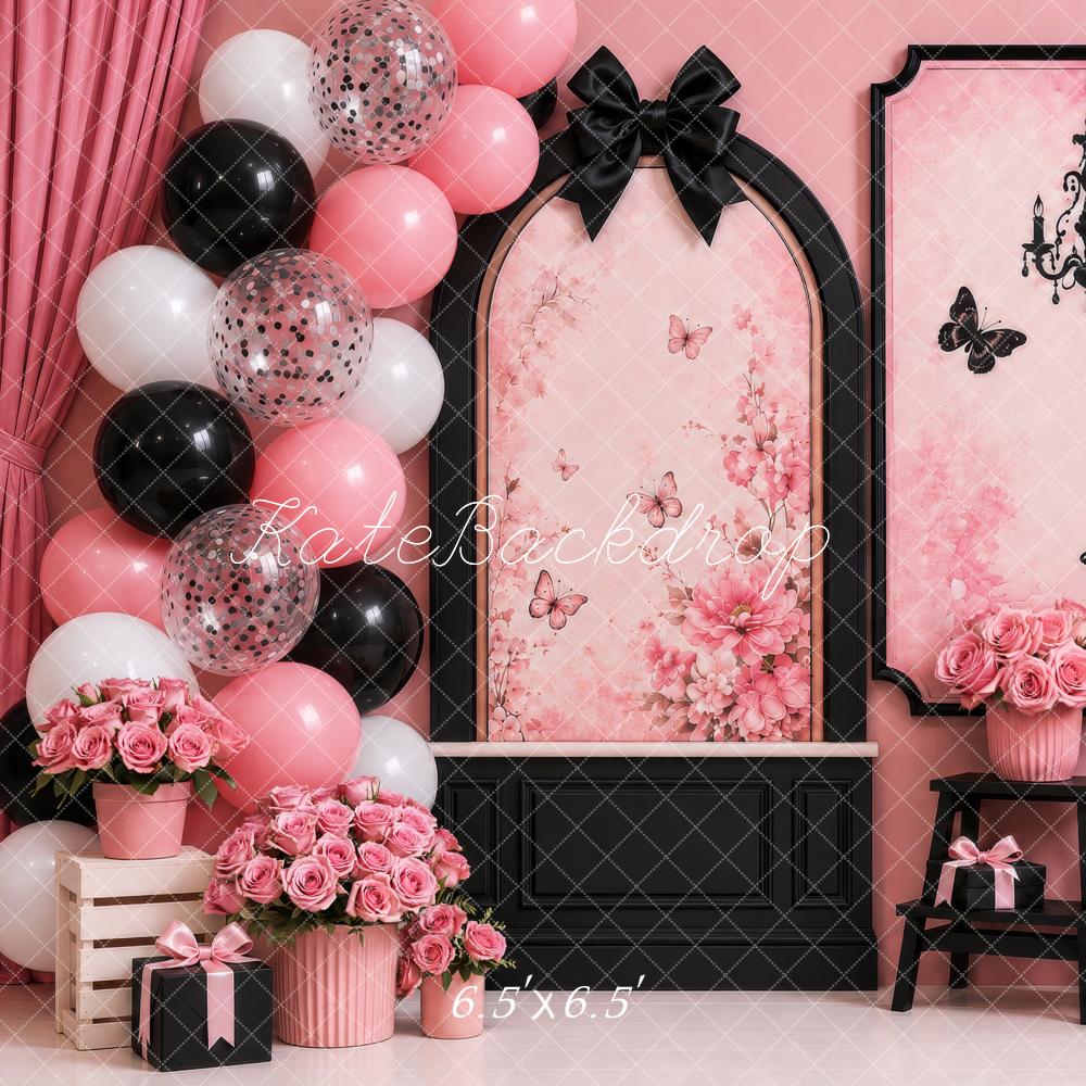 Kate Cake Smash Pink Glam Floral Boutique Balloons Bows Black Frames Printed Backdrop Designed by Shutter Swan Studios