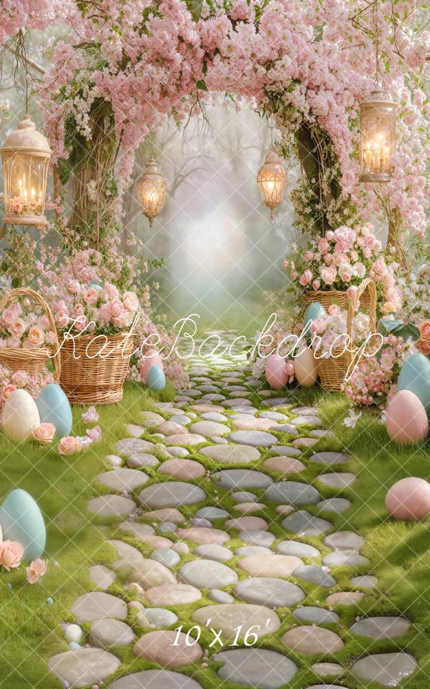 Kate Sweep Easter Flower Arch Pastel Easter Eggs Cobblestone Path Pink Blossoms Printed Backdrop Designed by Emetselch