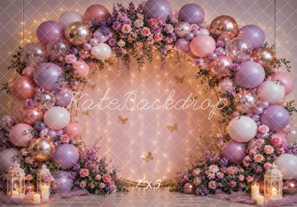 Kate Cake Smash Fairy Flower Arch Balloon Garland Pink Purple Printed Backdrop Designed by Vertigo Productions
