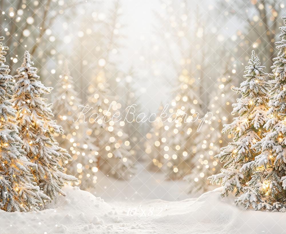 Kate Christmas Winter Snowy Pine Trees Bokeh Lights Backdrop Designed by Emetselch