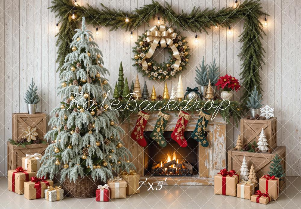 Kate Christmas Fireplace Snowy Tree Wreath Gifts Stockings Printed Backdrop Designed by Mini MakeBelieve