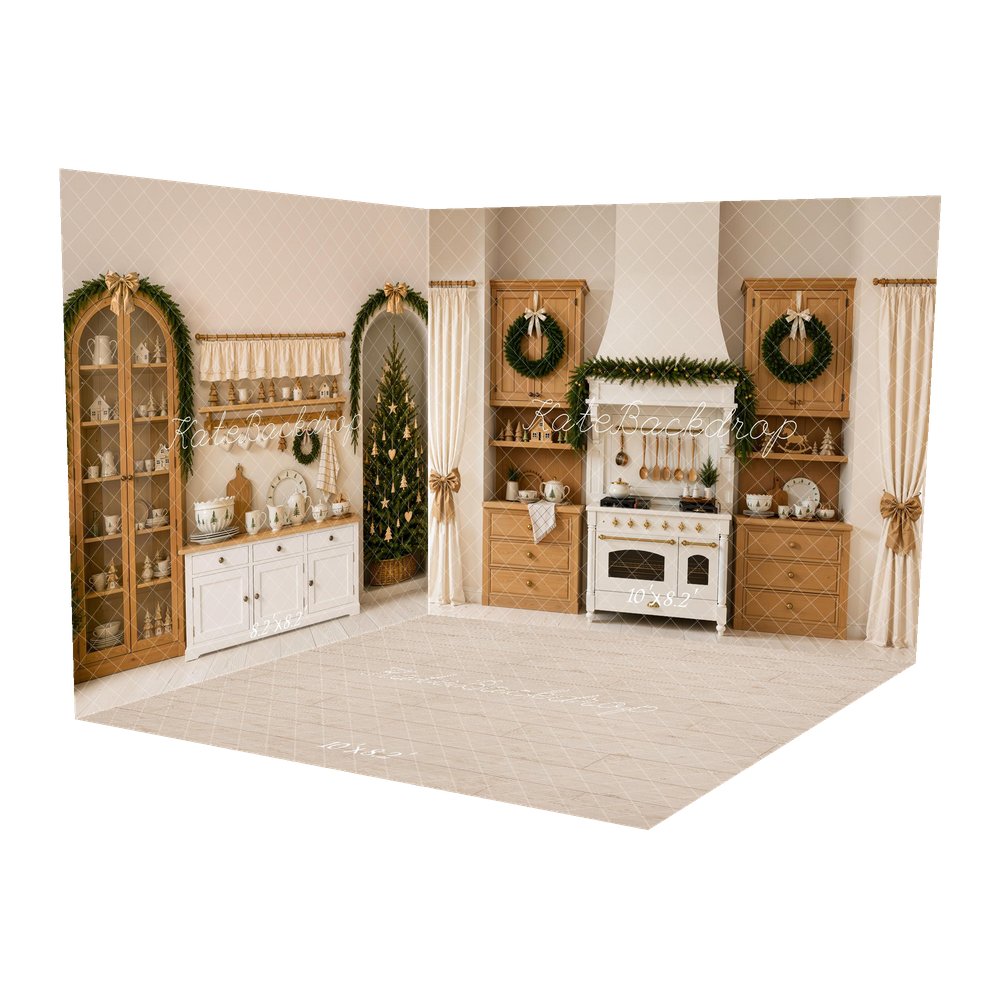 Kate Christmas Kitchen Garland Wreath Wood Cabinets Curtains Printed Backdrop Room Set