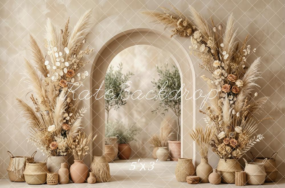 Kate Boho Flower Arch Pampas Grass Vases Beige Printed Backdrop Designed by Patty Roberts