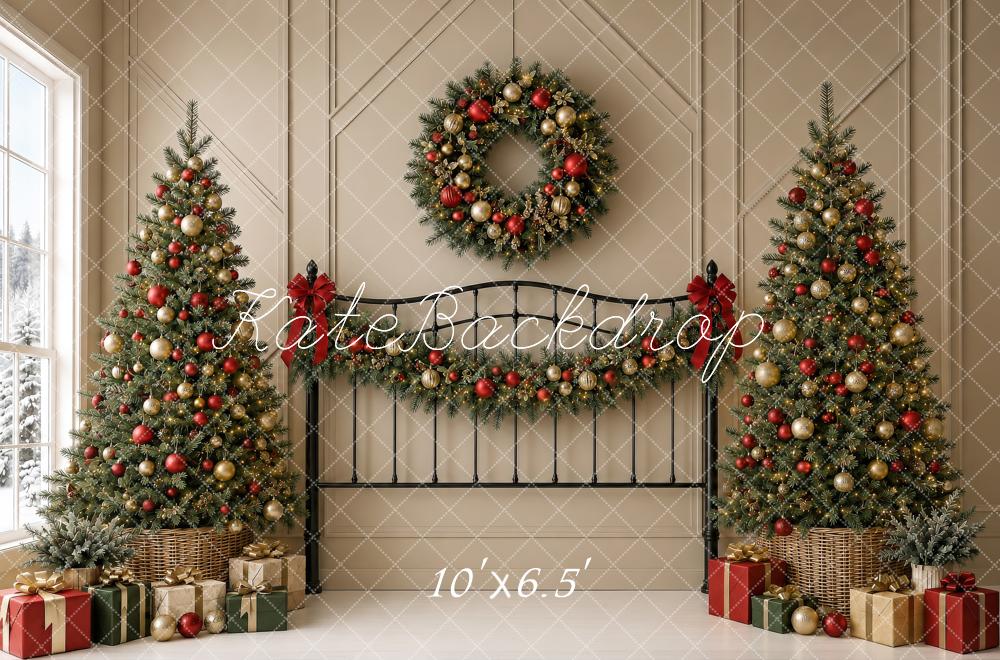 Kate Christmas Headboard Trees Wreath Garland Beige Wall Printed Backdrop Designed by Shutter Swan Studios