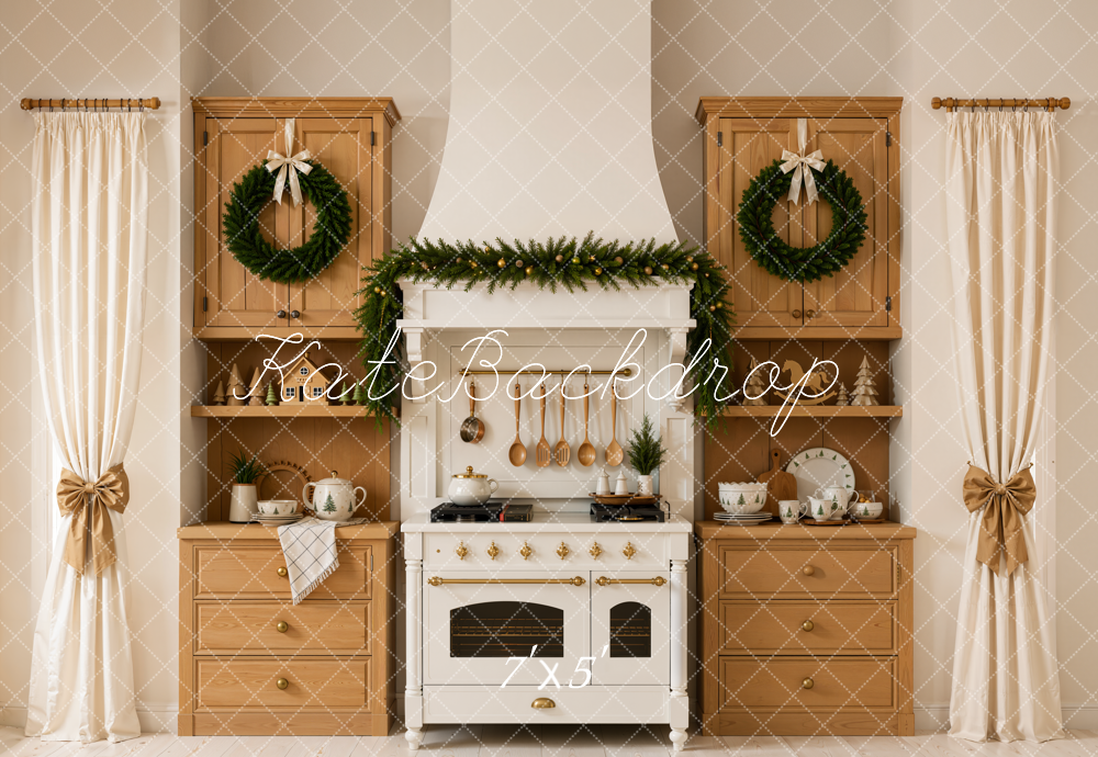 Kate Christmas Kitchen Garland Wreath Wood Cabinets Curtains Printed Backdrop Designed by Emetselch