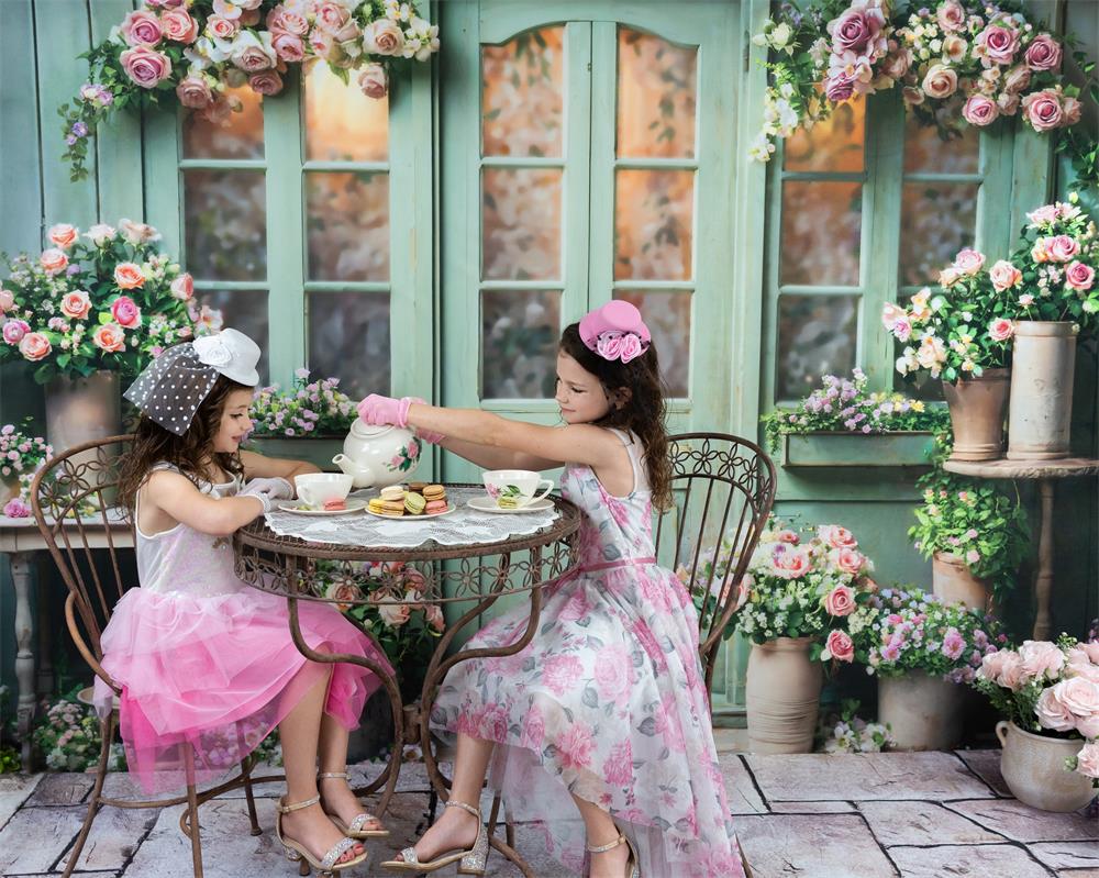 Kate Spring Flowers Green Wooden Door Backdrop Designed by Emetselch