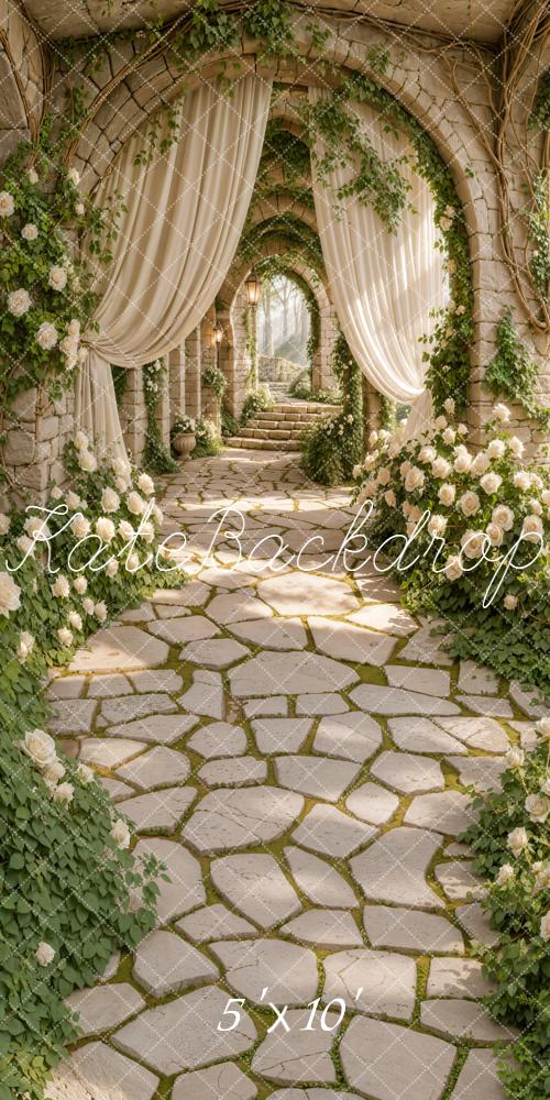 Kate Spring Stone Archway White Roses Cascading Stairs Printed Backdrop Designed by Emetselch