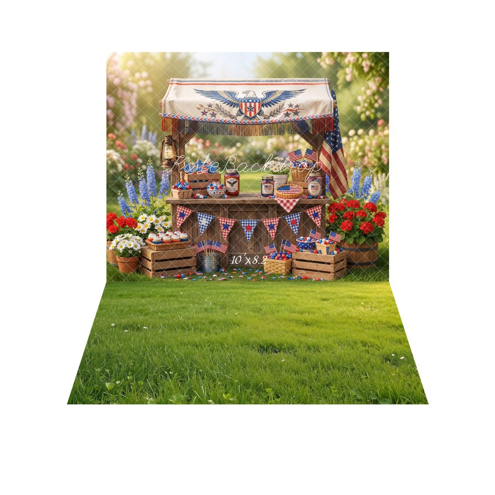 Kate 4th Of July Patriotic Stand American Flag Cupcakes Flowers Printed Backdrop+Summer Green Grass Floor Mat