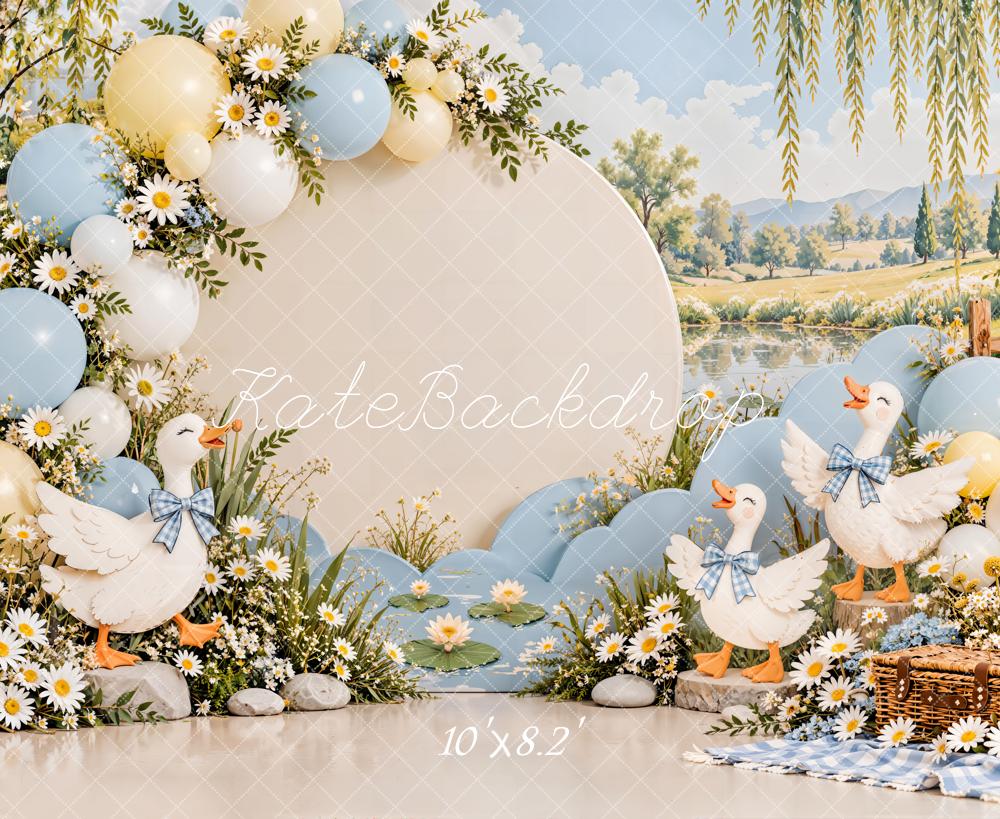 Kate Cake Smash Spring Goose Daisy Balloon Lakeside Picnic Printed Backdrop Designed by Emetselch
