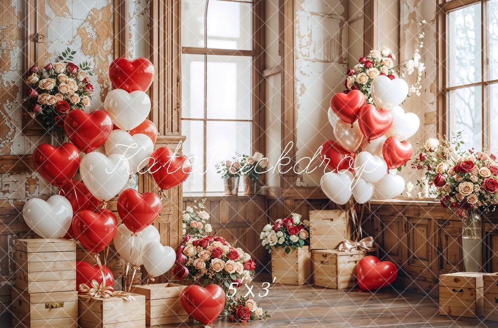 Kate Valentine Heart Balloons Wooden Vintage Window Backdrop Designed by Emetselch
