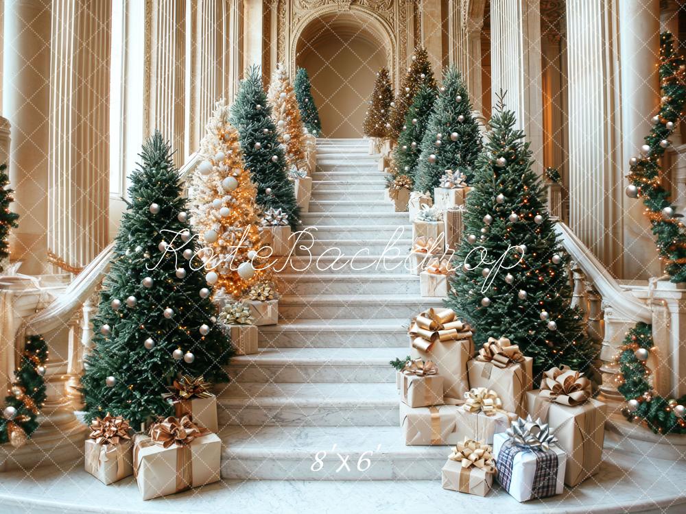 Kate Christmas Cascading Stairs Trees Gifts Architecture Printed Backdrop Designed by Mini MakeBelieve