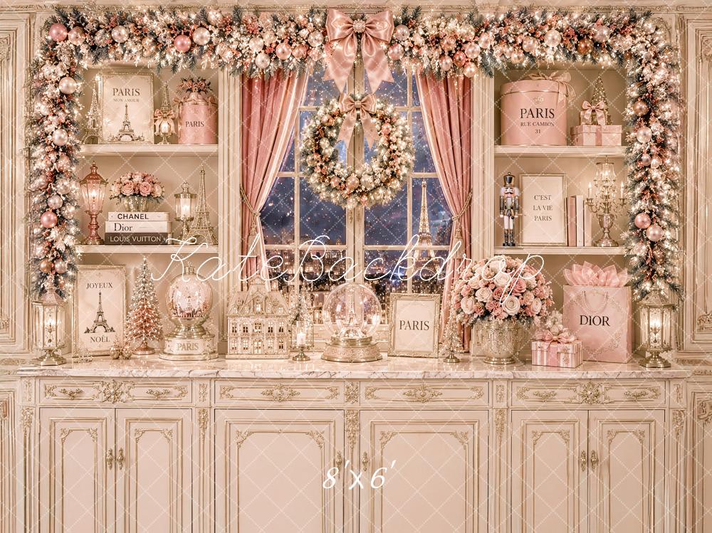 Kate Christmas Pink Paris Kitchen Cabinet Elegant Printed Backdrop Designed by Ashley Paul