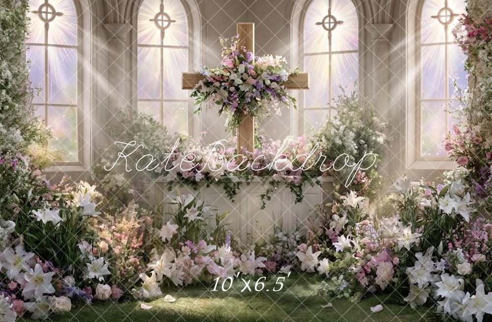 Kate Church Stage Cross Wedding Floral Window Printed Backdrop Designed by Angela Miller