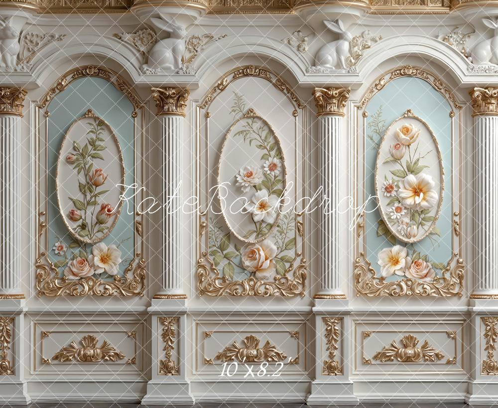 Kate Spring Ornate Floral Panel Column Rabbit Printed Backdrop Designed by Mini MakeBelieve