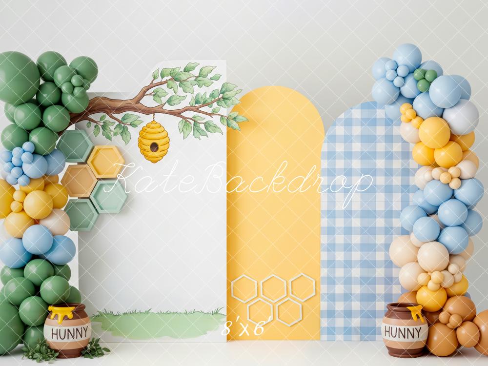 Kate Cake Smash Honey Bee Tree Honeycomb Balloons Printed Backdrop Designed by Patty Roberts