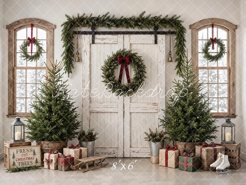 Kate Christmas White Barn Door Trees Wreath Sled Lantern Printed Backdrop Designed by Emetselch