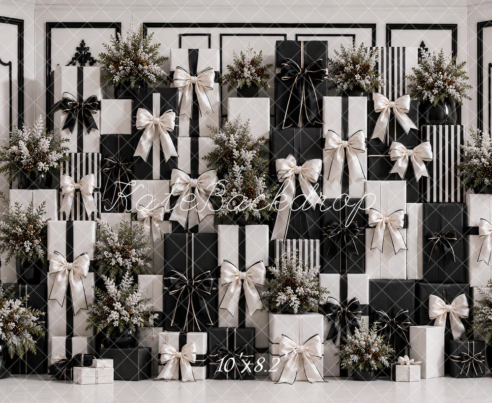 Kate Black White Gift Box Floral Wall Printed Backdrop Designed by Ashley Paul