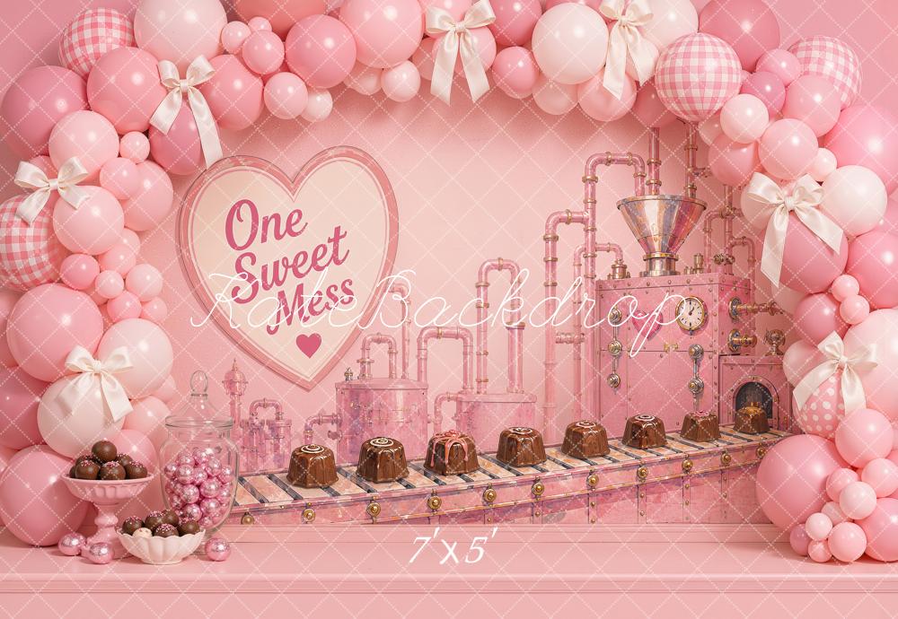 Kate Cake Smash Pink Candy Factory Balloon Arch Chocolates Printed Backdrop Designed by Ashley Ward