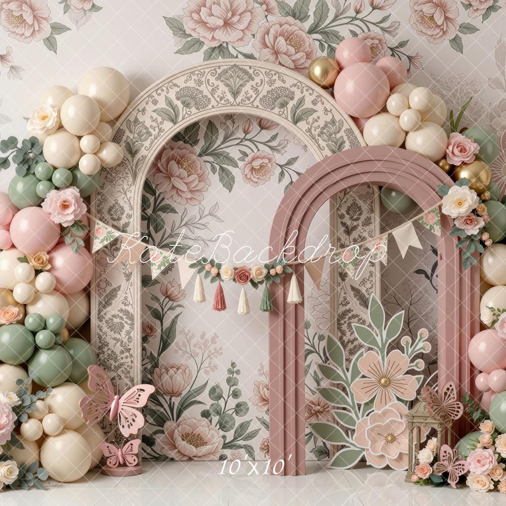 Kate Cake Smash Garden Flower Arch Balloon Floral Printed Backdrop Printed Backdrop Designed by Mini MakeBelieve