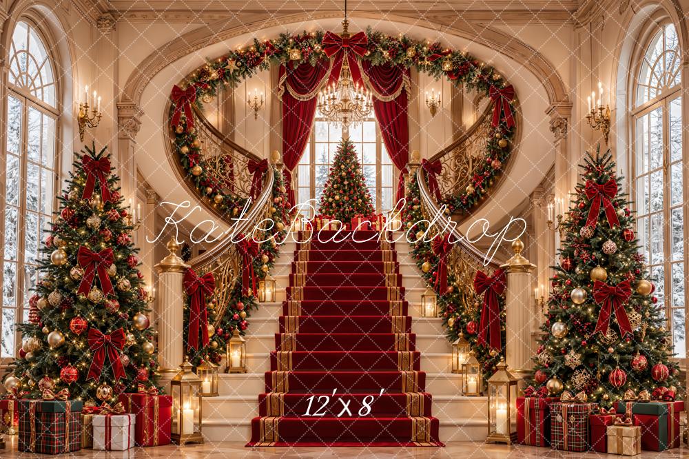 Kate Christmas Cascading Stairs Palace Red Carpet Luxury Trees Printed Backdrop Designed by Emetselch