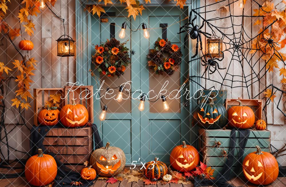 Kate Halloween Pumpkin Maple Blue Wood Door Photography Backdrop Designed by Emetselch