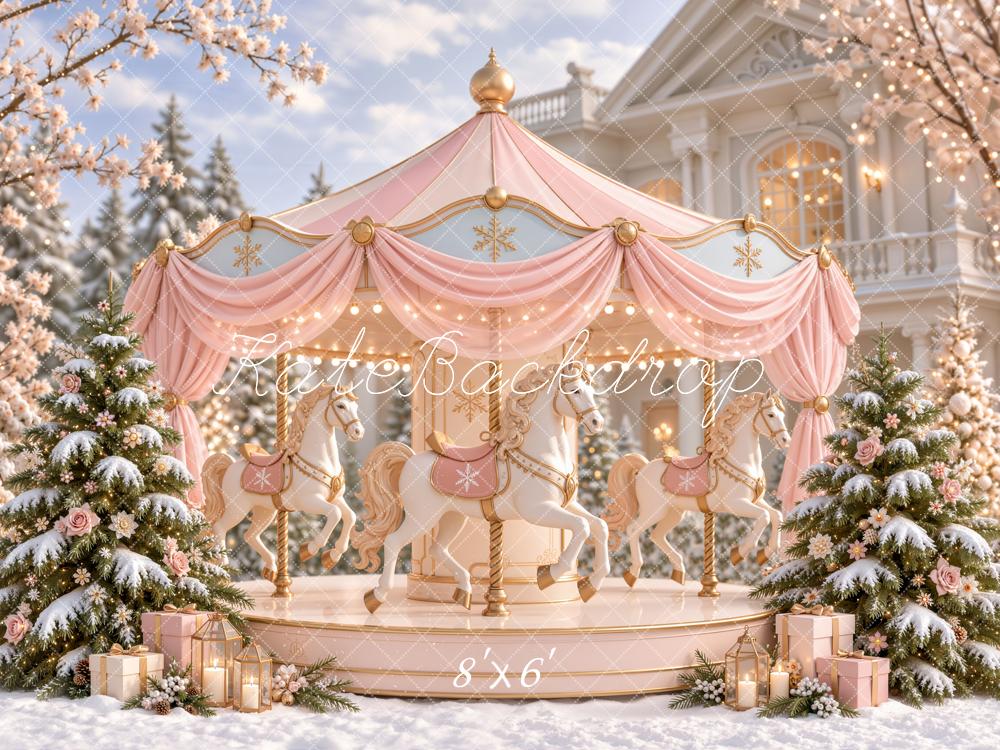 Kate Christmas Pink Carousel Snowy Trees Printed Backdrop Designed by Emetselch