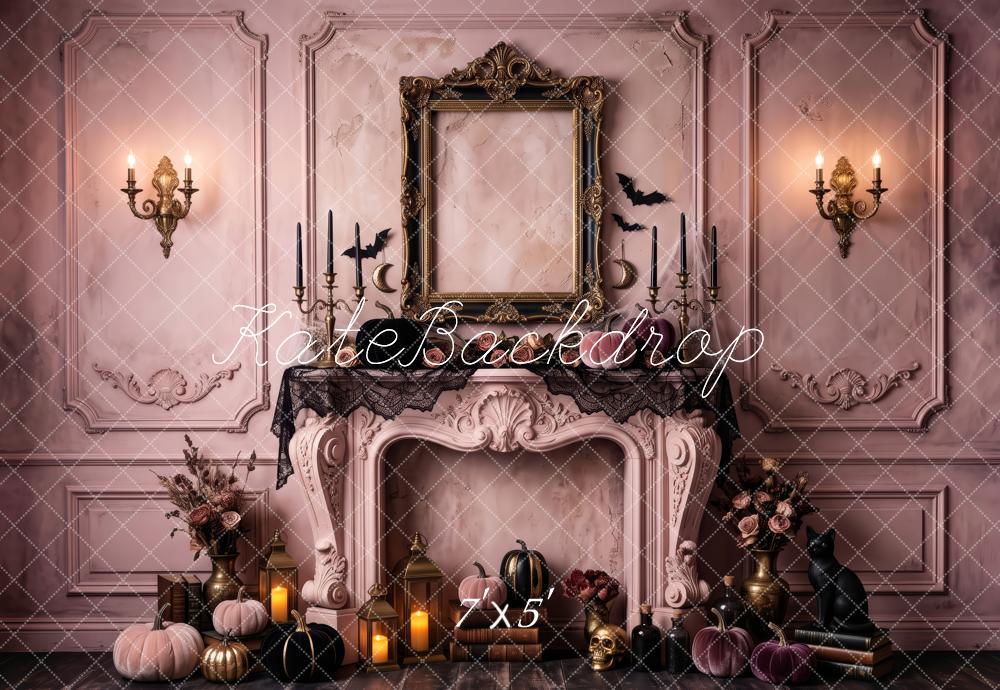 Kate Halloween Pink Gothic Fireplace Vintage Mantel Framed Printed Backdrop Designed by Patty Roberts