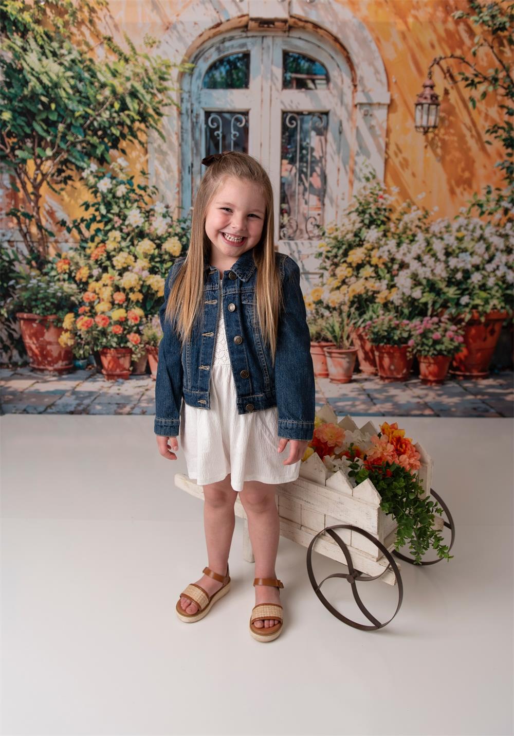 Kate Spring Art Colorful Flower Orange Wall Wood Stripe Floor Arched Window and Door Backdrop Designed by GQ