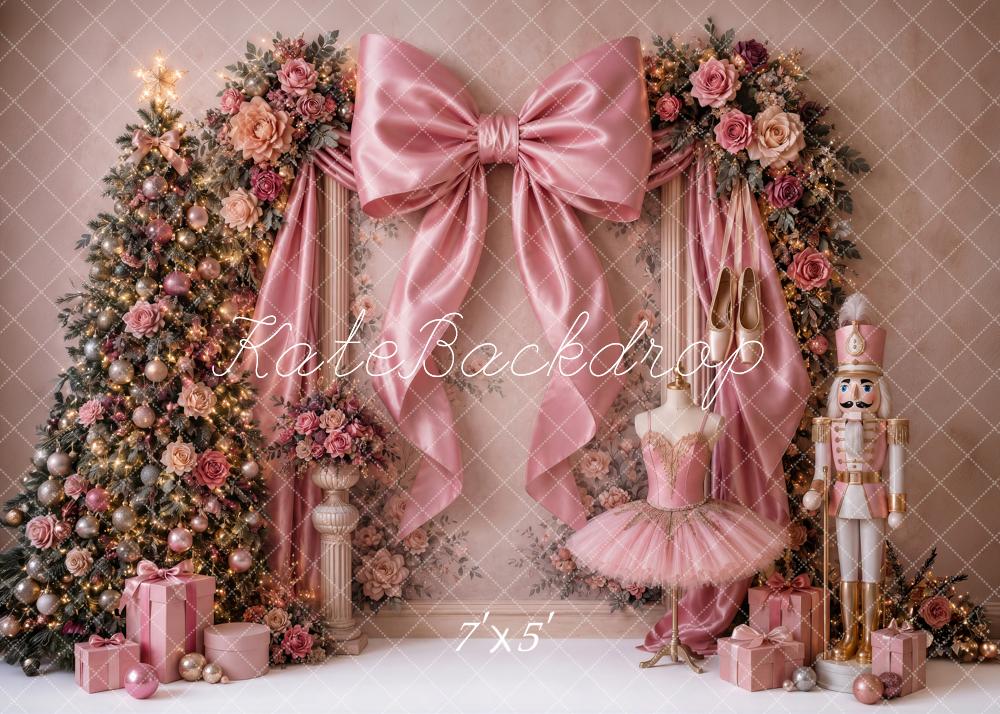 Kate Christmas Tree Pink Bow Nutcracker Ballerina Printed Backdrop Designed by Ashley Ward
