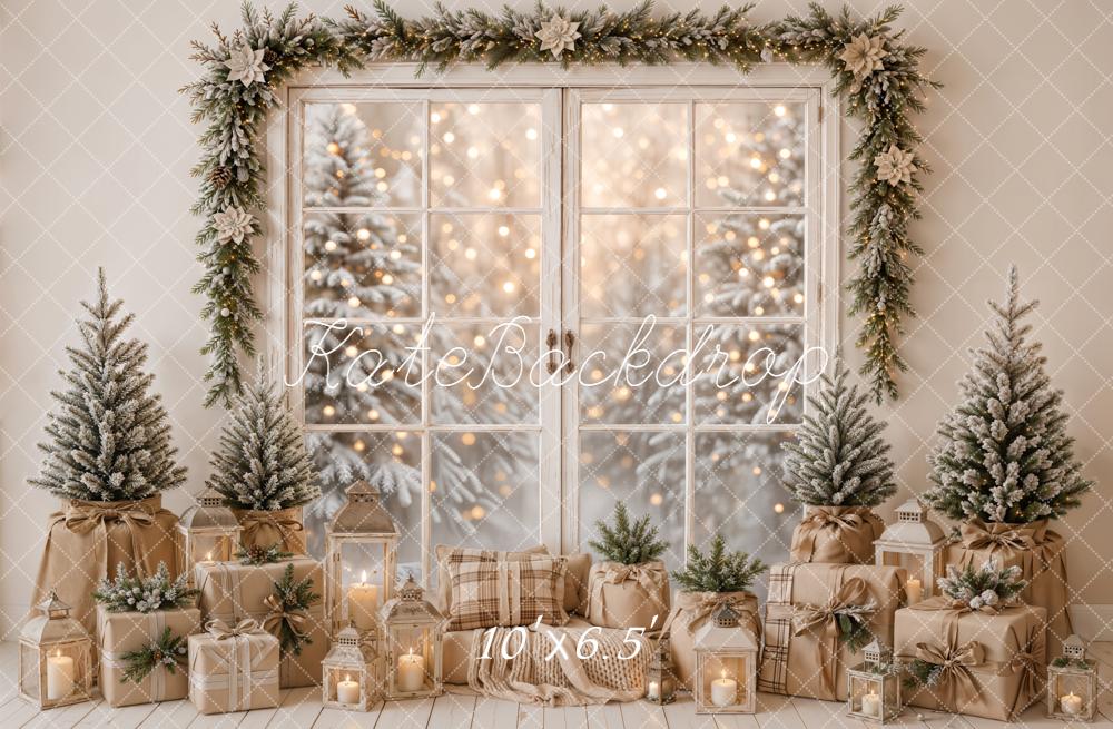 Kate Christmas Window Garland Rustic Frosted Trees Gifts Printed Backdrop Designed by Emetselch