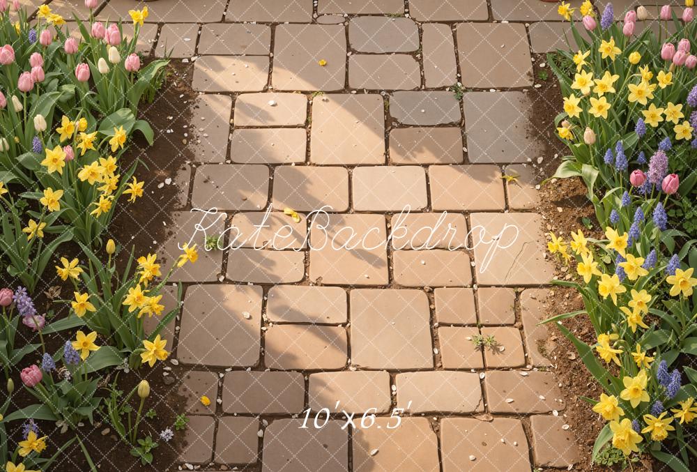 Kate Spring Cobblestone Path Garden Flowers Floor Backdrop Designed by Kate Image