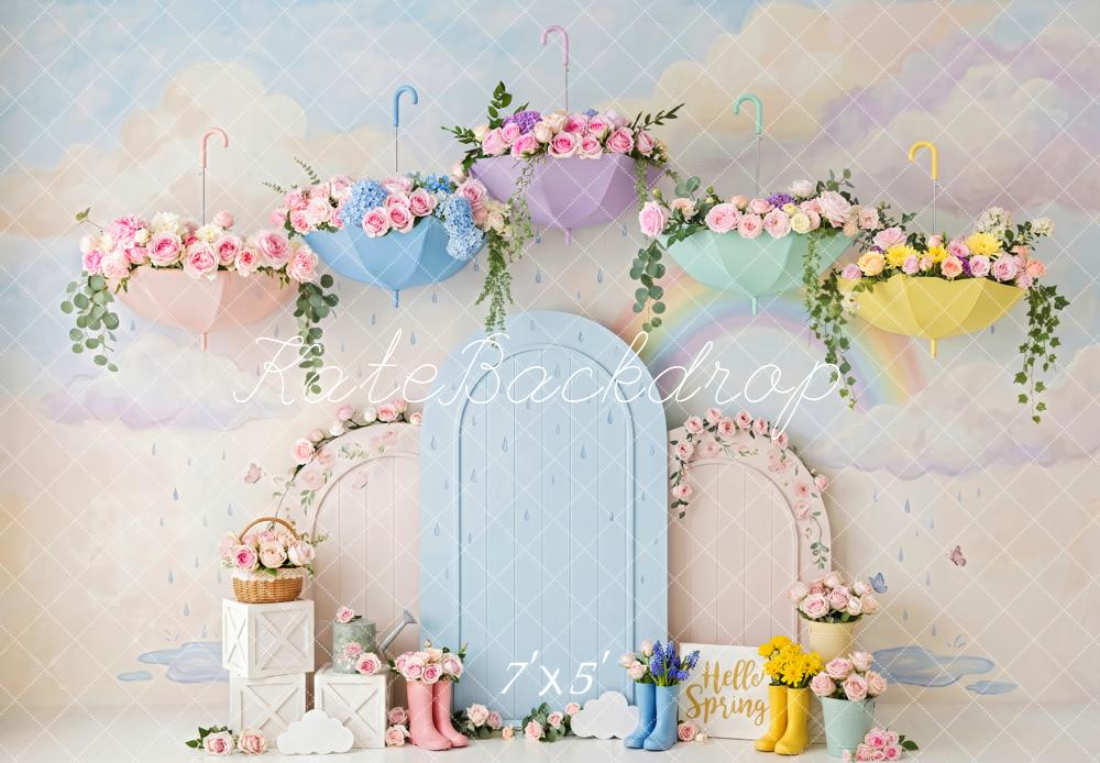 Kate Spring Floral Umbrellas Arched Door Rain Boots Printed Backdrop Designed by Patty Roberts