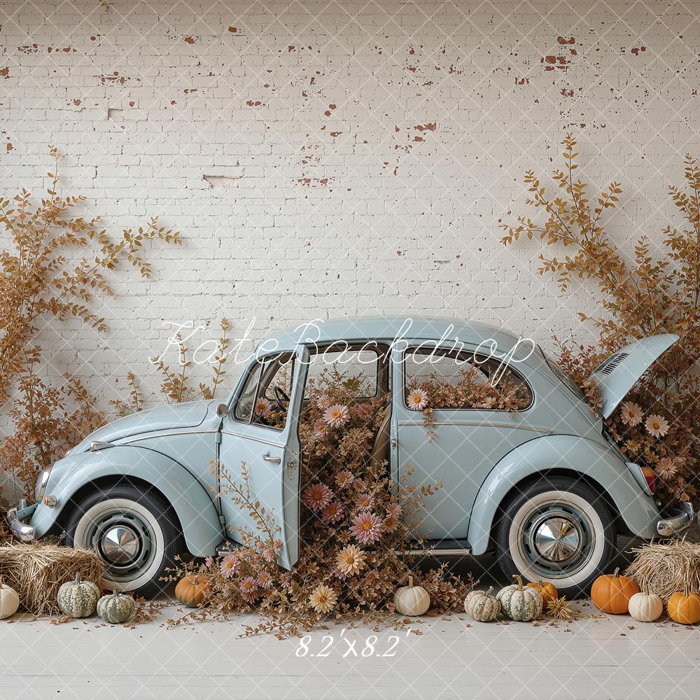Kate Fall Vintage Blue Car Pumpkins White Brick Wall Printed Backdrop Designed by Ashley Ward