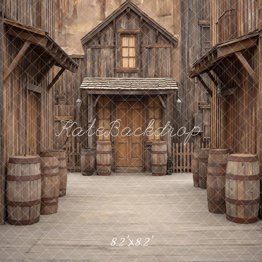 Kate Western Old Town Wooden Buildings Barrels Printed Backdrop Designed by Angela Miller