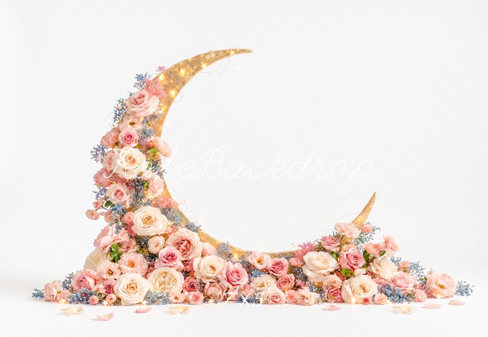 Kate Birthday Floral Crescent Moon Lights Printed Backdrop Designed by Angela Miller