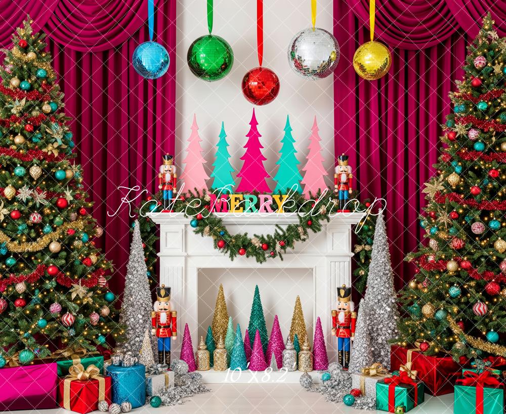 Kate Christmas Nutcracker Fireplace Red Curtain Gift Boxes Backdrop Designed by Patty Roberts