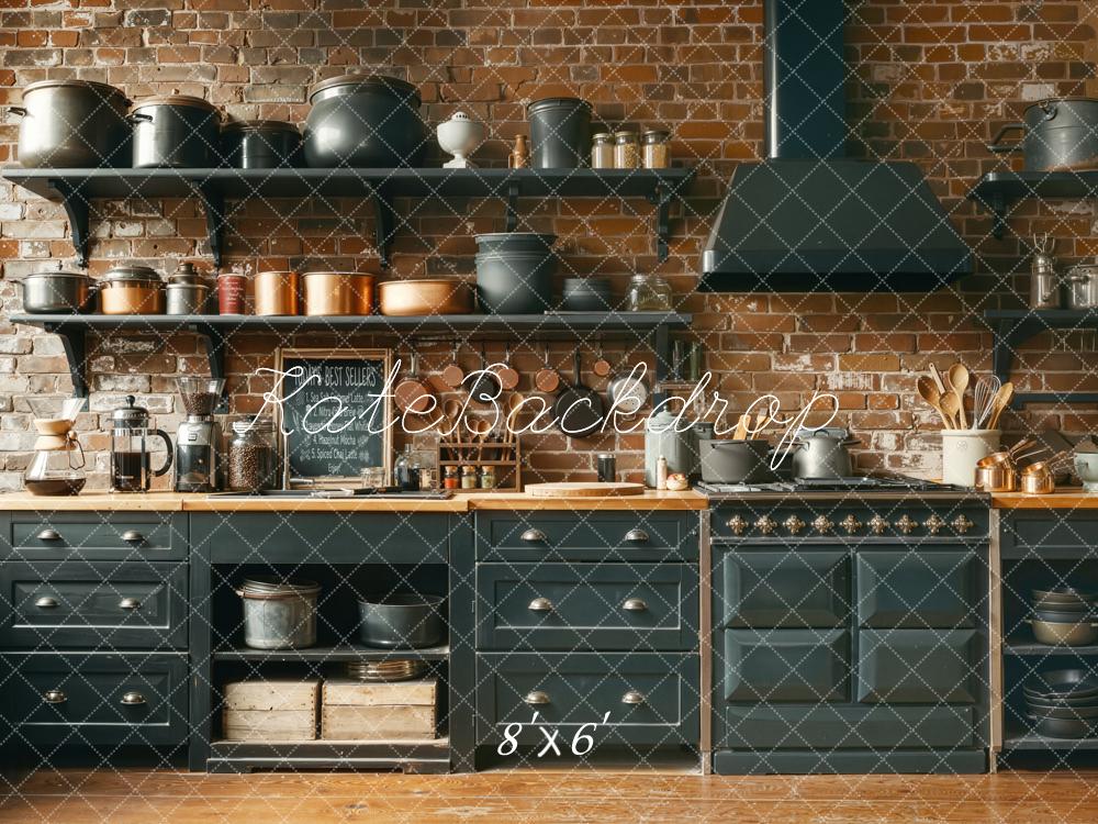 Kate Rustic Kitchen Brick Wall Shelves Cookware Backdrop Designed by Chain Photography
