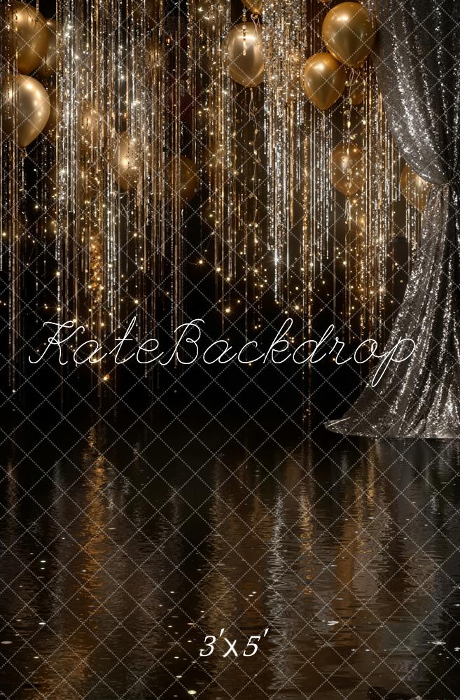 Kate New Year Gold Balloons Glittering Streamers Sequin Curtains Black Printed Backdrop Designed by Emetselch