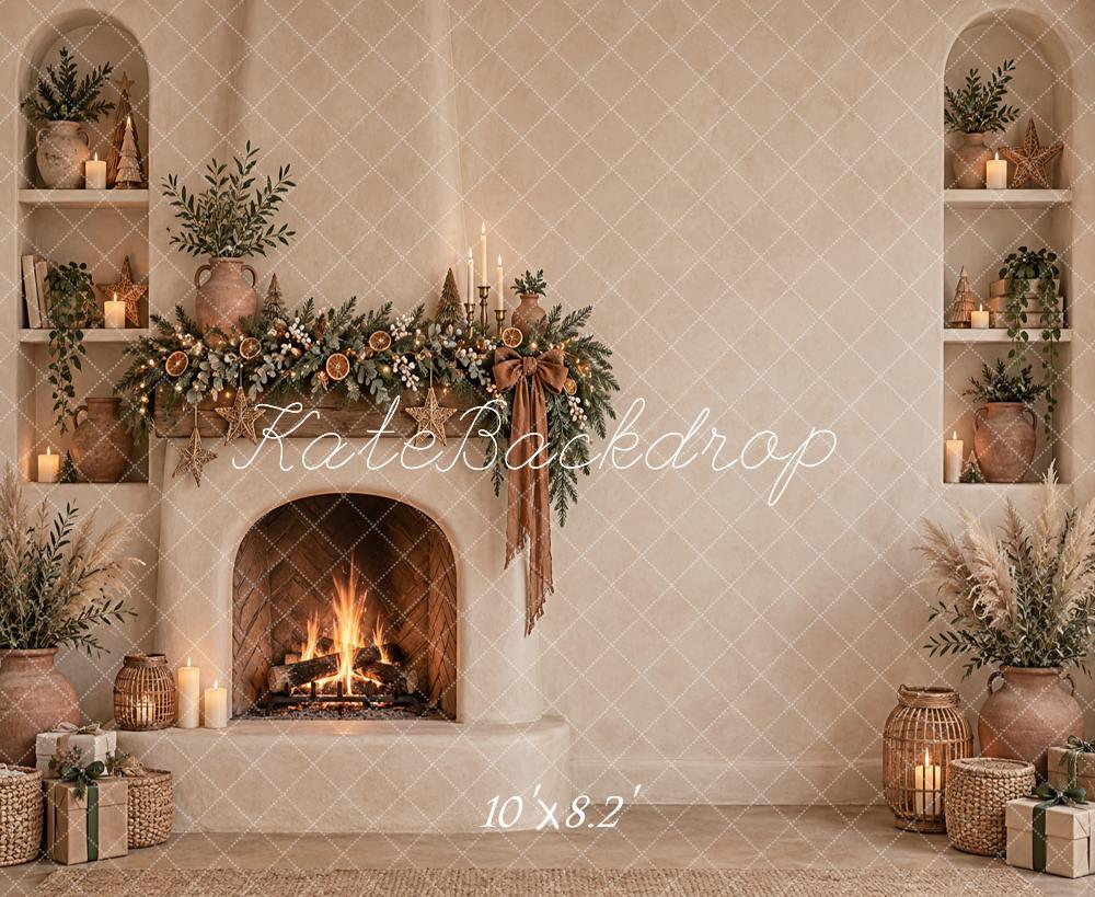 Kate Christmas Boho Beige Fireplace Garland Neutral Mantel Printed Backdrop Designed by Vertigo Productions