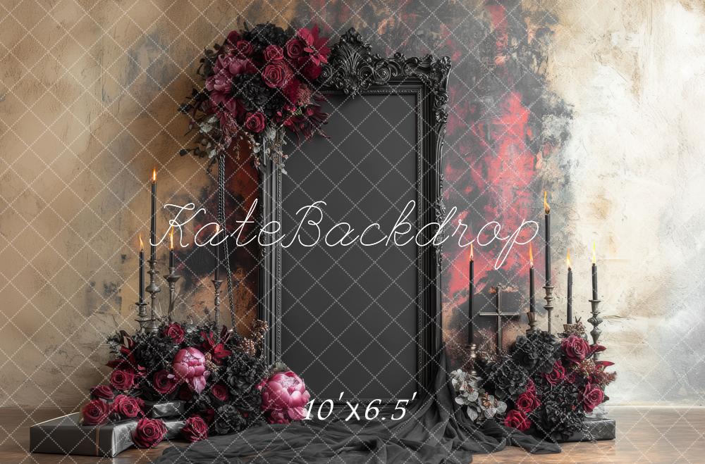 Kate Halloween Gothic Frame Black Ornate Roses Candles Backdrop Designed by Mini MakeBelieve