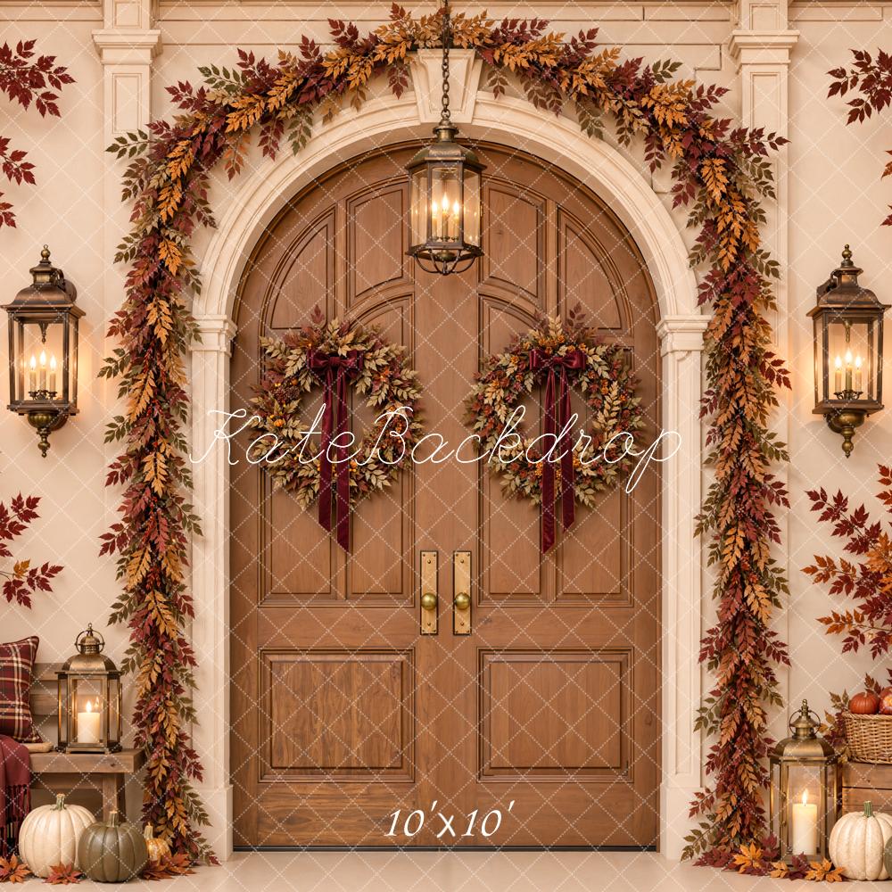 Kate Fall Arched Door Pumpkin Garland Lanterns Printed Backdrop Designed by Emetselch