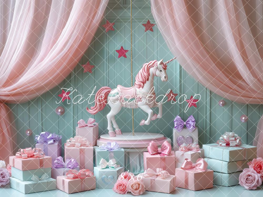 Kate Birthday Carousel Pink Curtains Gifts Floral Backdrop Designed by Mini MakeBelieve