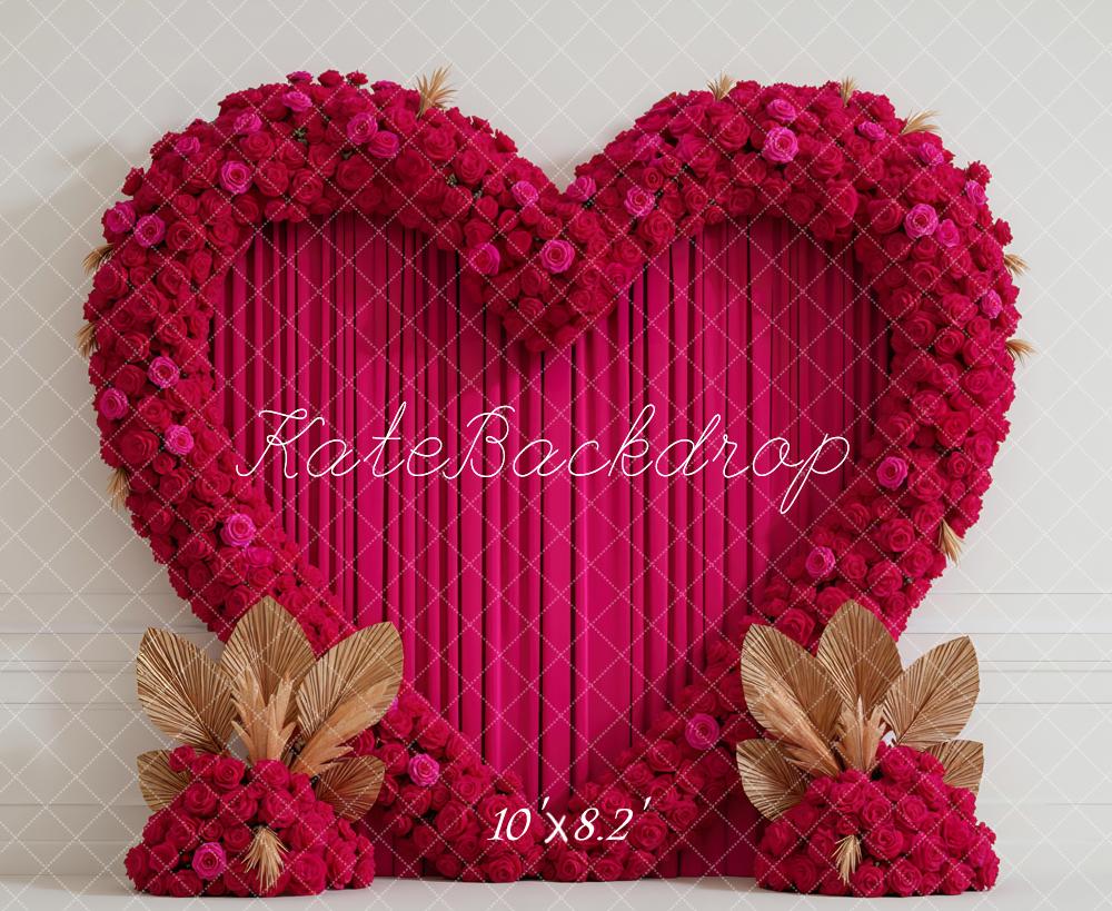 Kate Valentines Heart Flower Arch Pink Roses Gold Leaves Printed Backdrop Designed by Mini MakeBelieve