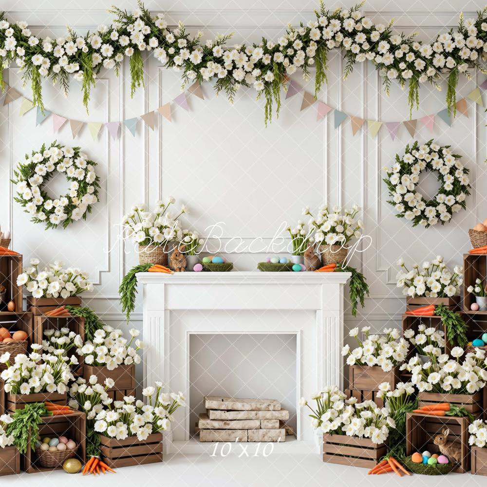 Kate Easter Bunny White Floral Fireplace Crates Printed Backdrop Designed by Mini MakeBelieve