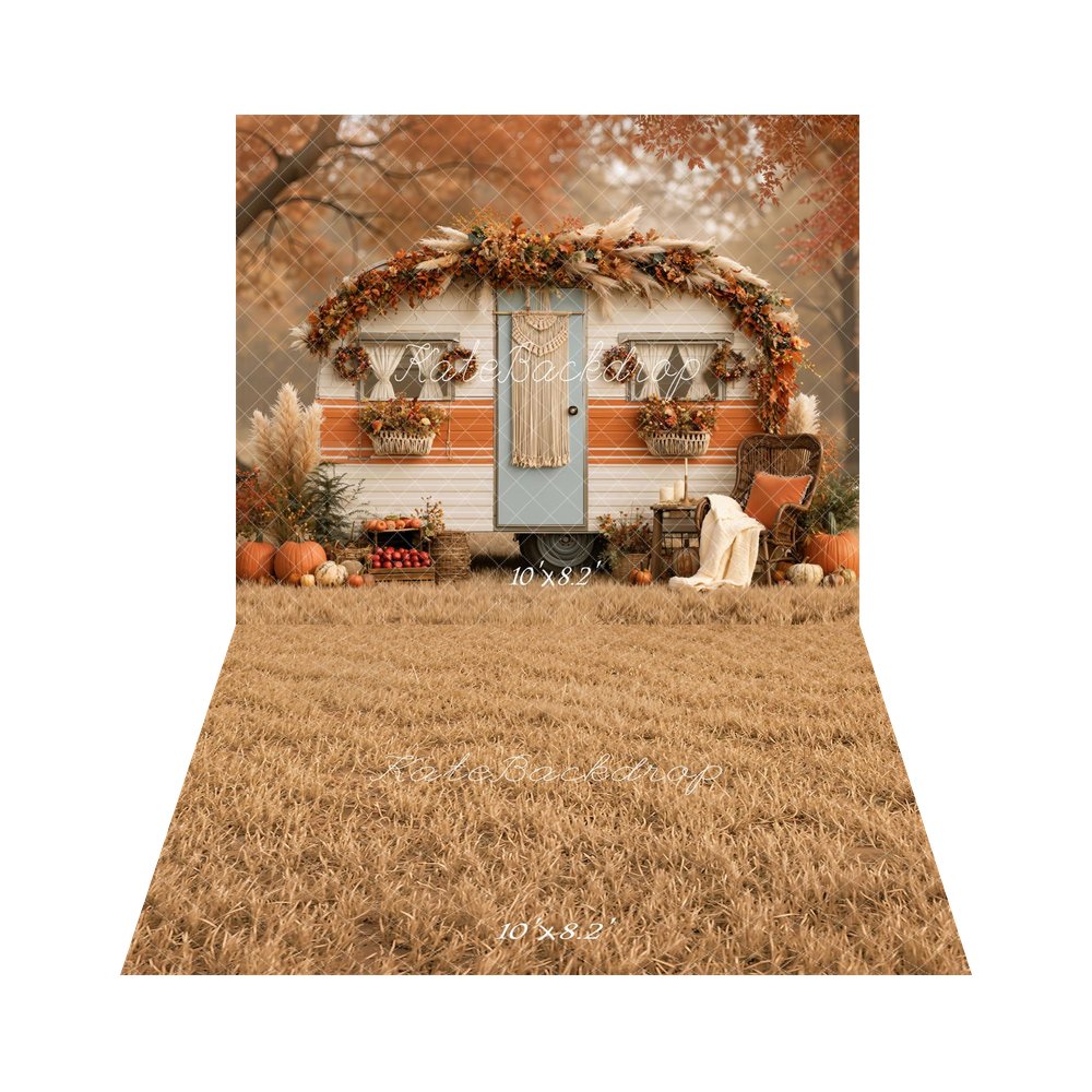 Kate Fall Boho Camper Pampas Grass Pumpkins Macrame Printed Backdrop+Dry Grass Field Floor Printed Backdrop
