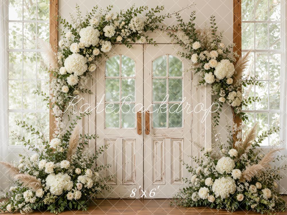 Kate Spring White Flower Arch Double Glass-paneled Doors Printed Backdrop Designed by Emetselch