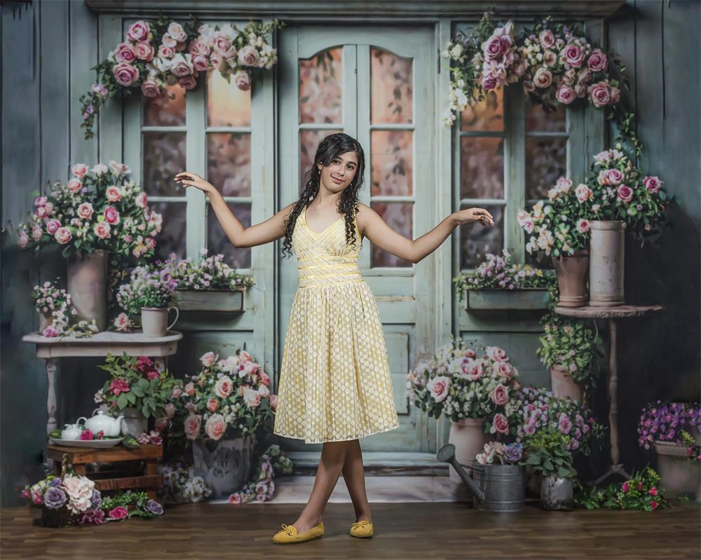 Kate Spring Flowers Green Wooden Door Backdrop Designed by Emetselch