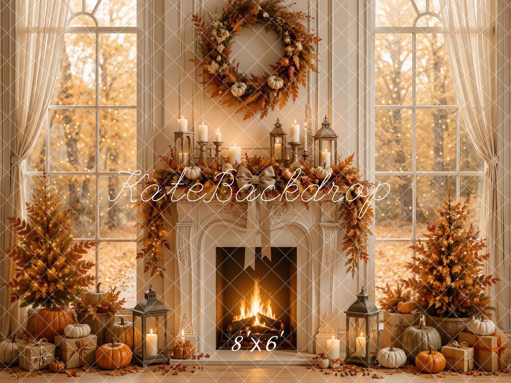 Kate Fall Fireplace Window Pumpkin Wreath Cozy Printed Backdrop Designed by Emetselch